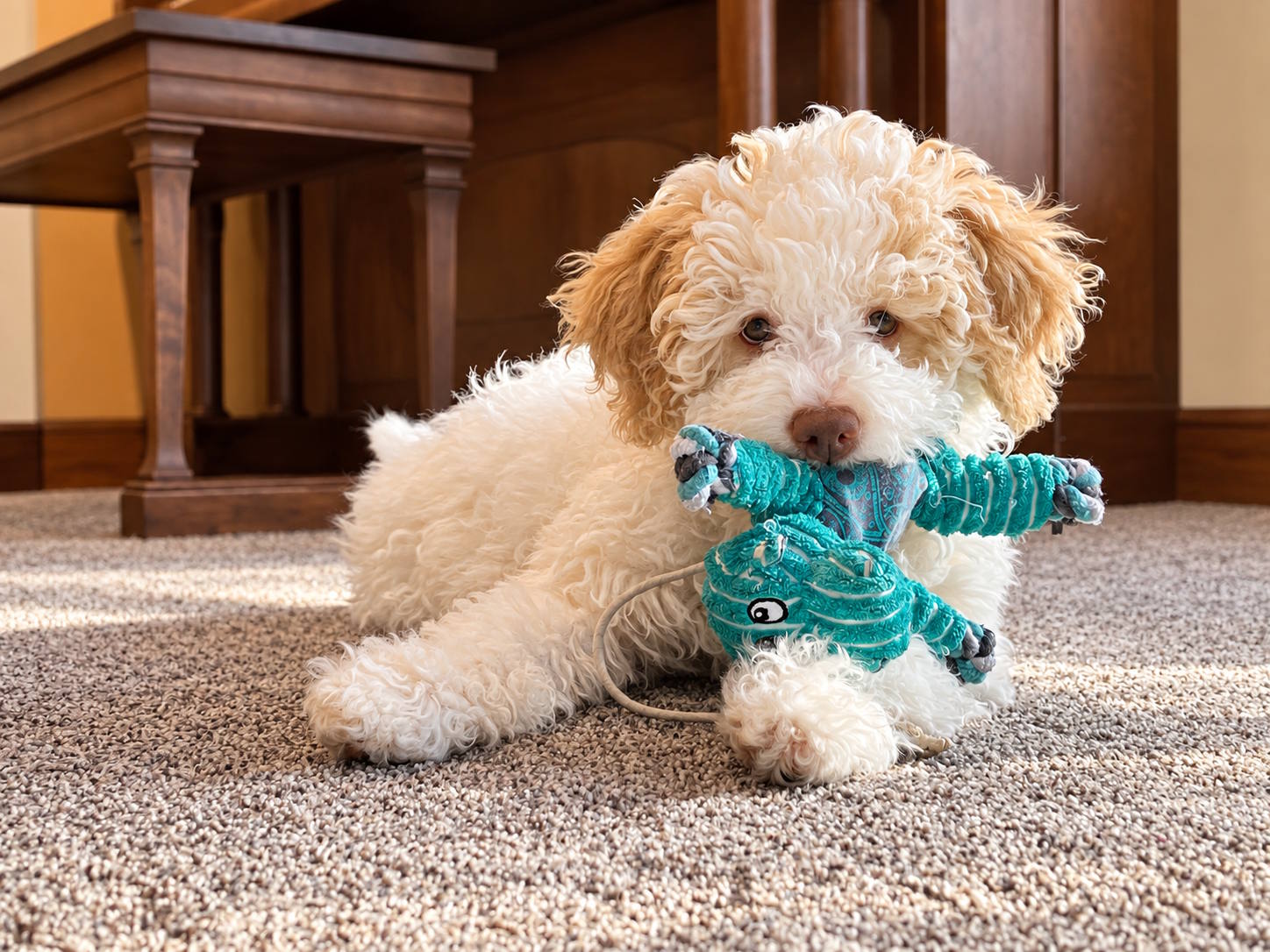 Original non-AI photo of a Tesoro Riccio Lagotto Romagnolo puppy with a turquoise toy